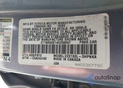 2004 Toyota Matrix Xr from USA, damaged, VIN 2T1KR32E14C230067